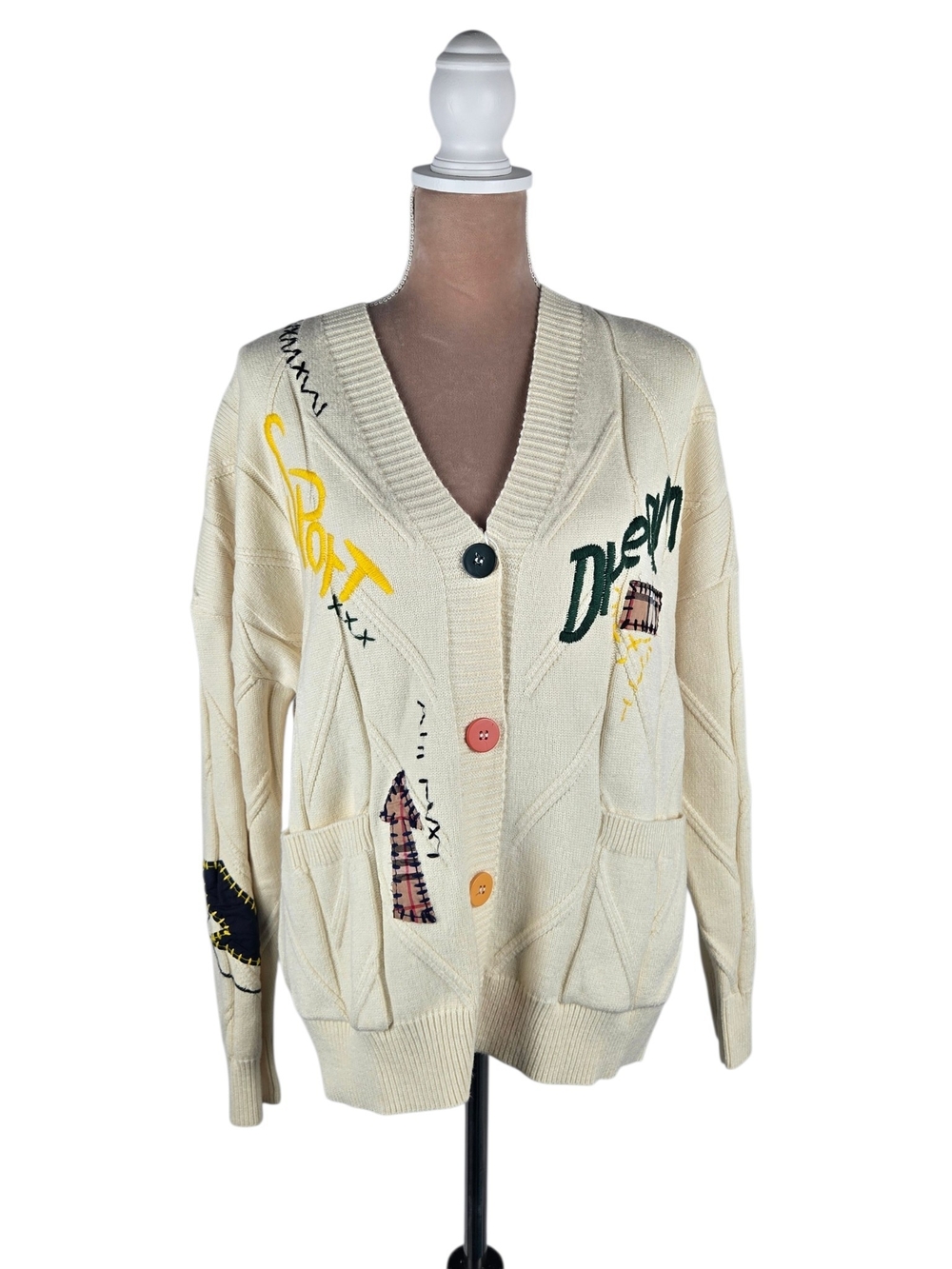 NWT Ebossy Patchwork Heart Cardigan Cream Size Large